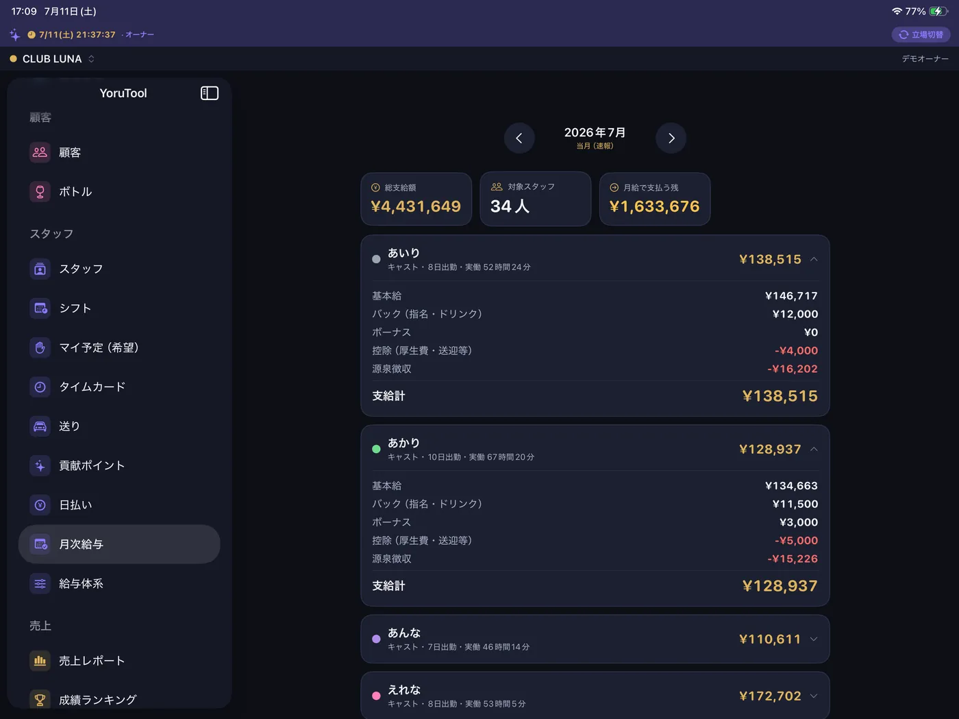 日次明細:売上・支給・控除を自動集計